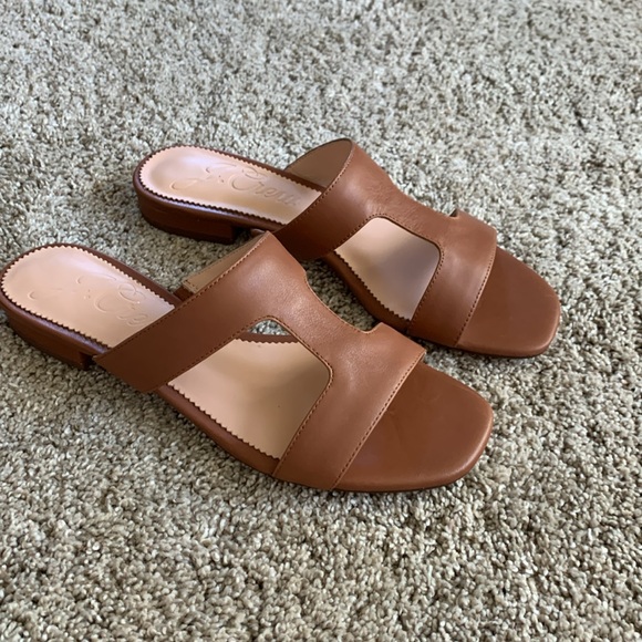 J Crew Leather Cutout Slide Sandals in Rich Oak - Picture 2 of 4